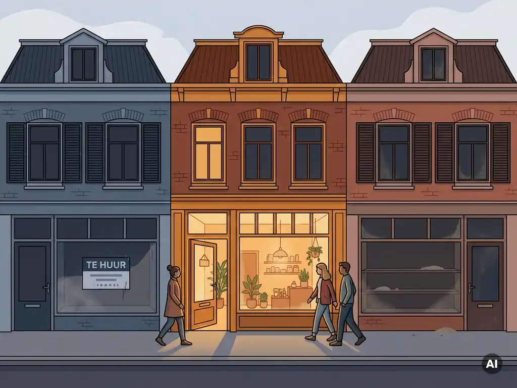 Hollandse winkelstraat met twee verlaten, gesloten winkelpanden naast één verlichte boetiek met open deur.