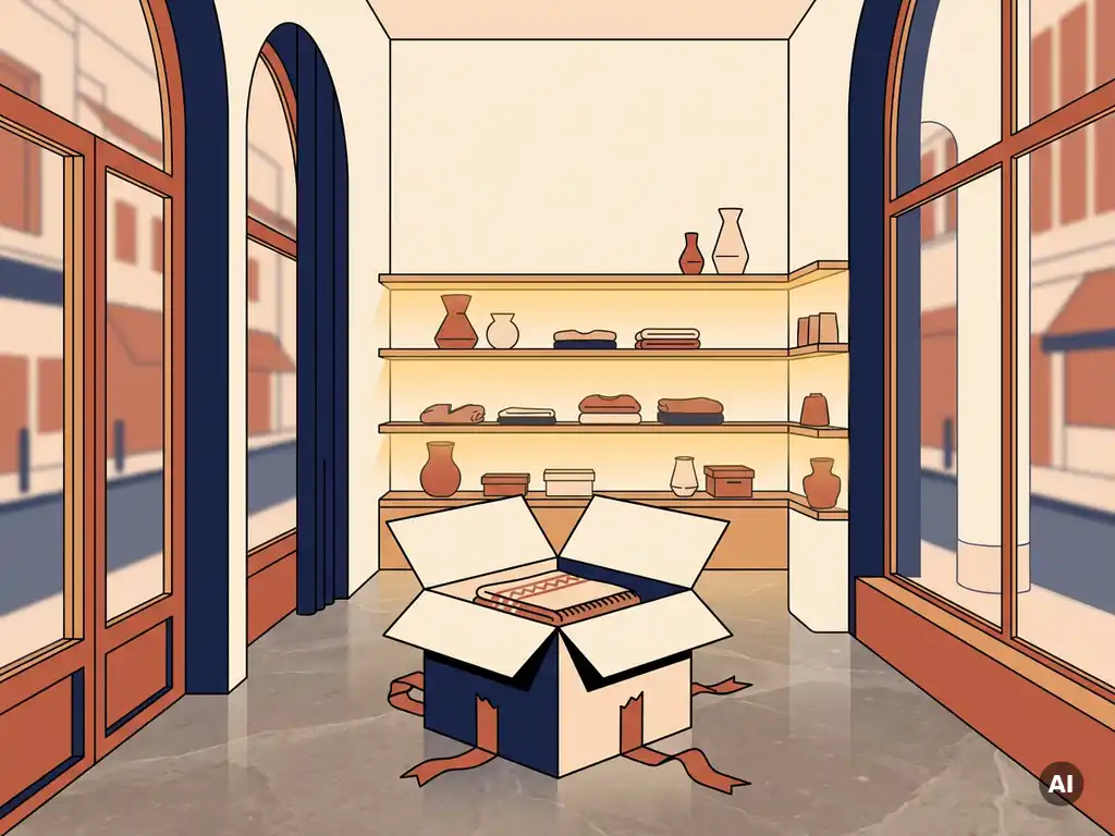 Uitgepakte e-commerce bezorgdoos op stenen vloer in stijlvolle boetiek met terracotta, crème en marineblauw kleurenpalet.
