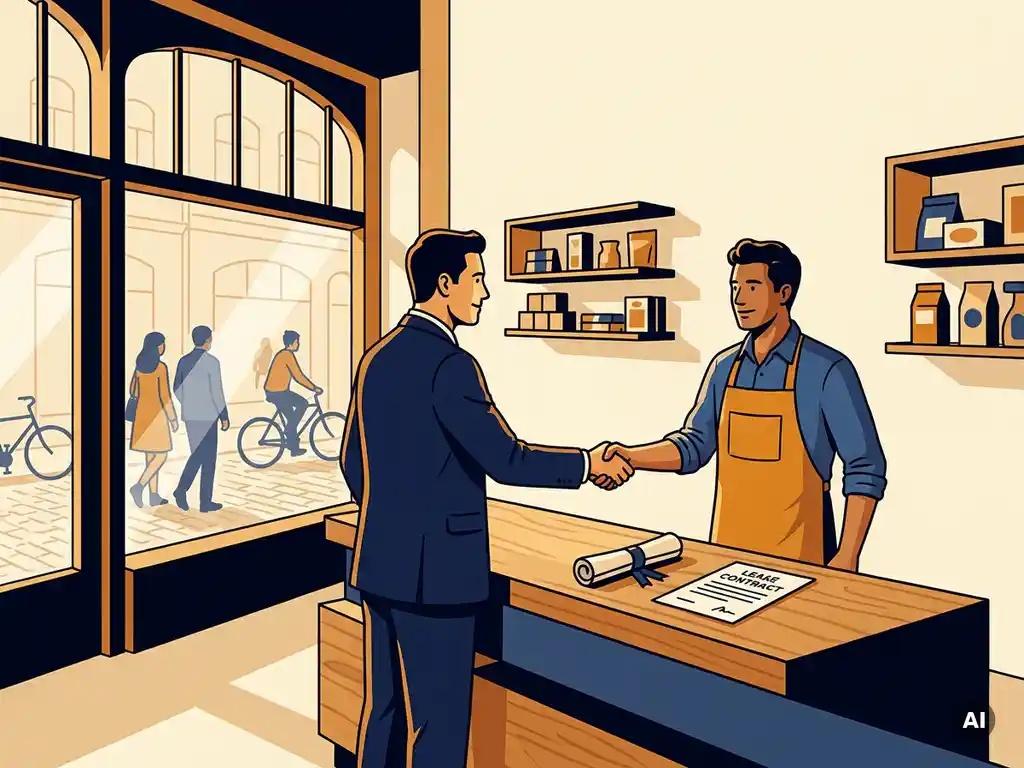 Retailmakelaar en winkelier schudden handen in een Nederlandse winkelstraat, huurcontract op de toonbank.