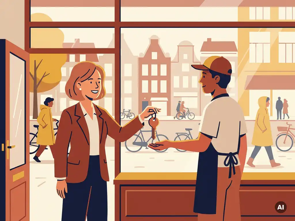 Makelaar in blazer overhandigt sleutel van winkelruimte, drukke Nederlandse winkelstraat zichtbaar op achtergrond, warme illustratiestijl.