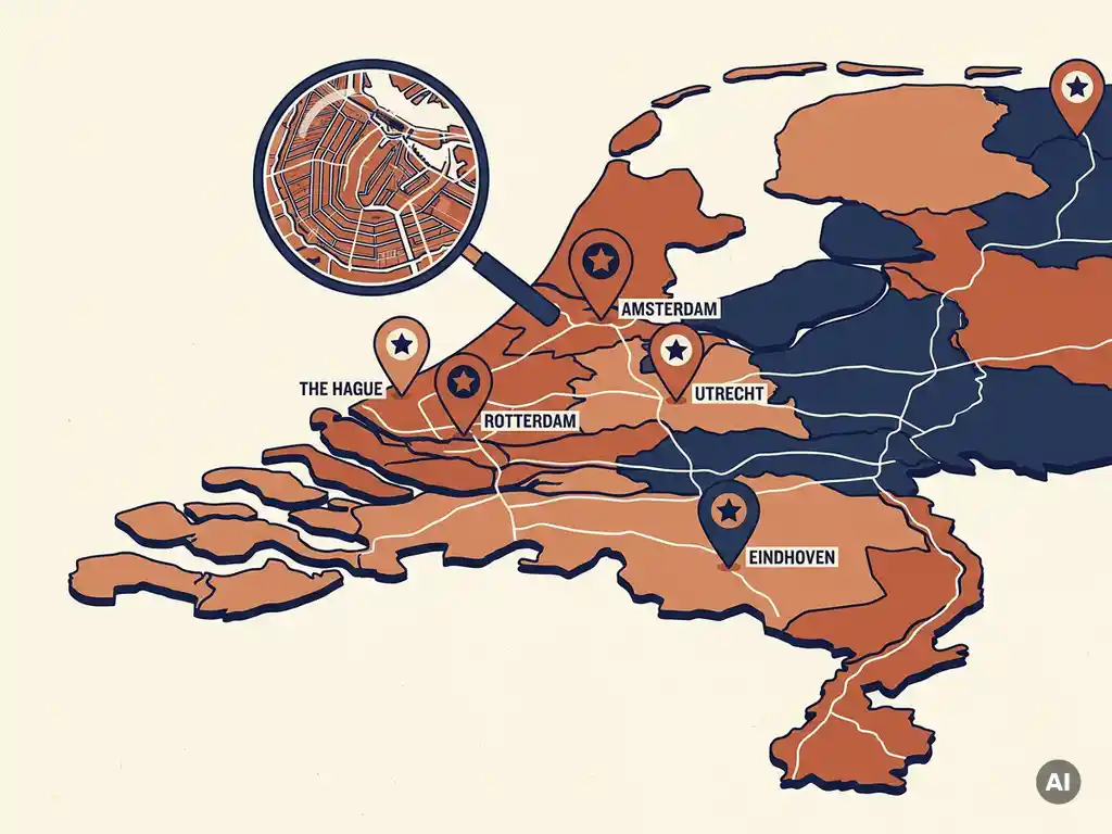Geïllustreerde kaart van Nederland met locatiemarkers boven steden en een vergrootglas gericht op een stedelijk cluster.