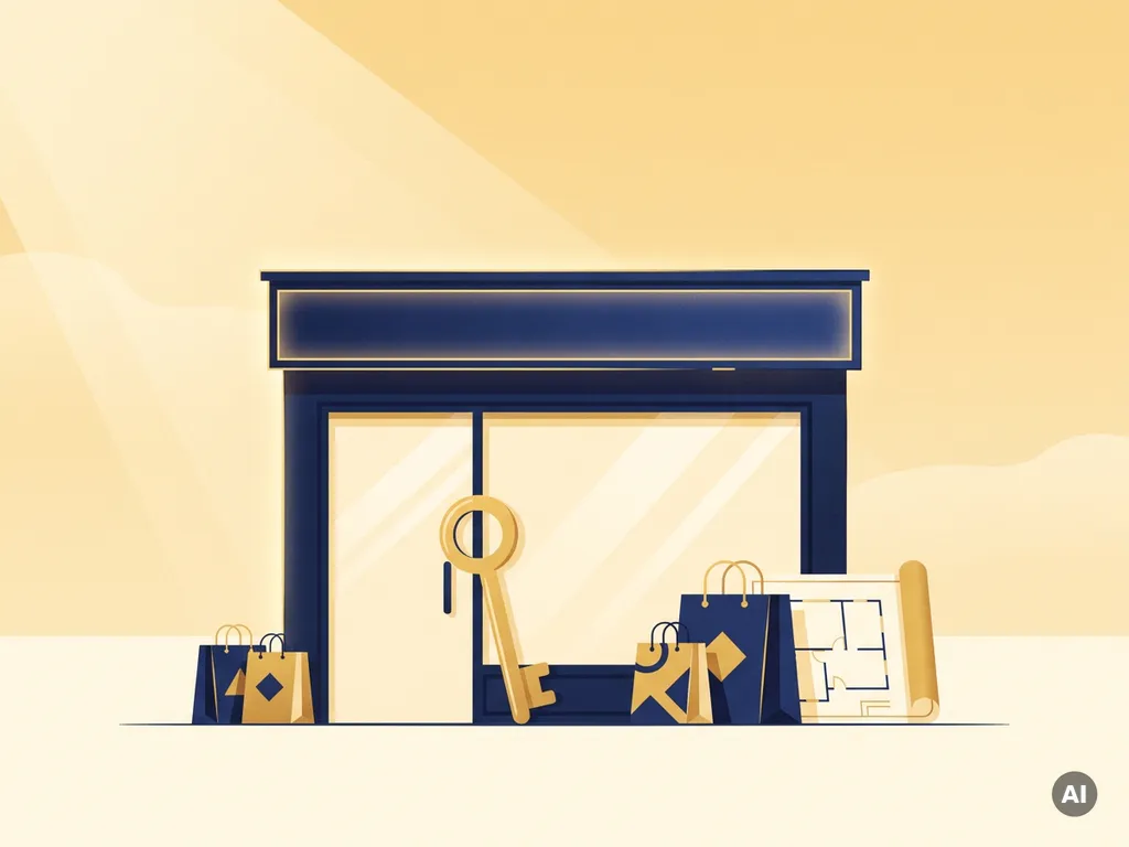 Nieuwe winkel met glanzende etalage, grote sleutel tegen glazen deur, omringd door boodschappentassen en plattegrond in gouden en marineblauw tinten.