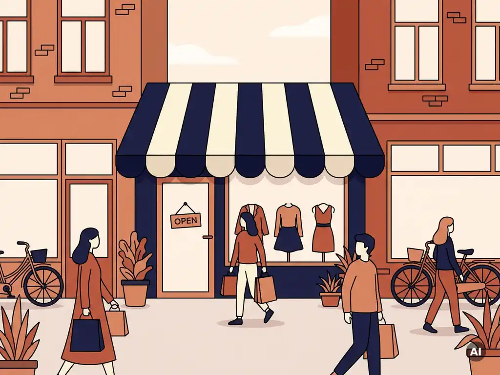 Pop-up boetiek met gestreepte luifel en open-bordje tussen Hollandse bakstenen gevels op drukke winkelstraat.