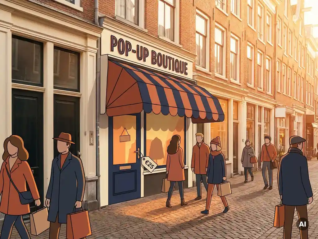 Pop-up boetiek met gestreepte luifel tussen bakstenen gevels op een drukke Nederlandse winkelstraat in warm middaglicht.