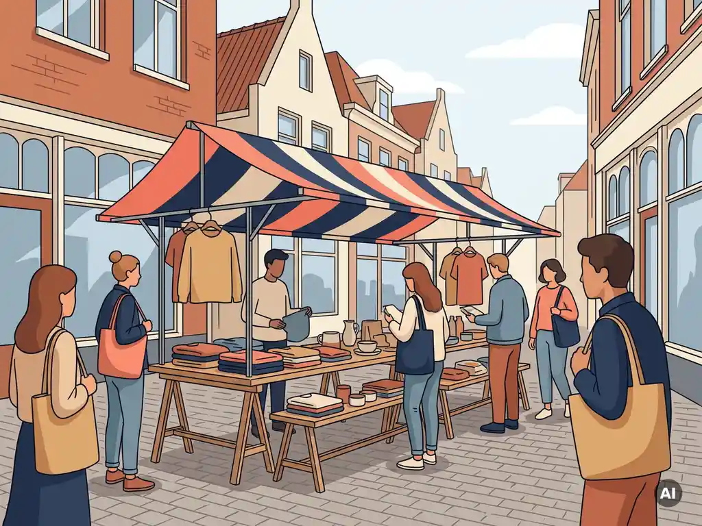 Pop-upwinkel met gestreept canvas luifel op Nederlandse voetgangersstraat, shoppers bekijken gevouwen kleding op houten tafels.