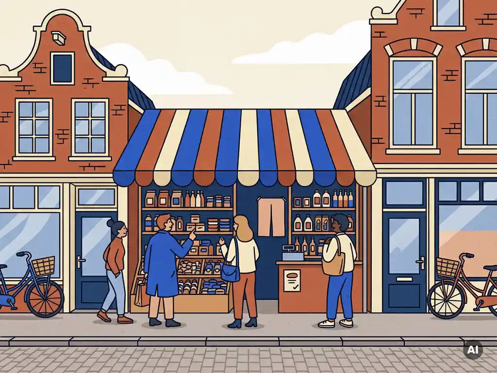Kleurrijke pop-upwinkel met gestreepde luifel tussen winkelpanden op een Nederlandse winkelstraat, flat vector illustratie.