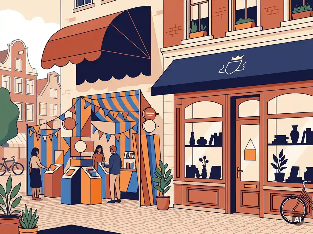Kleurrijke pop-upwinkel met tijdelijke displays naast een vaste boetiek op een Nederlandse winkelstraat, vlakke vectorillustratie.