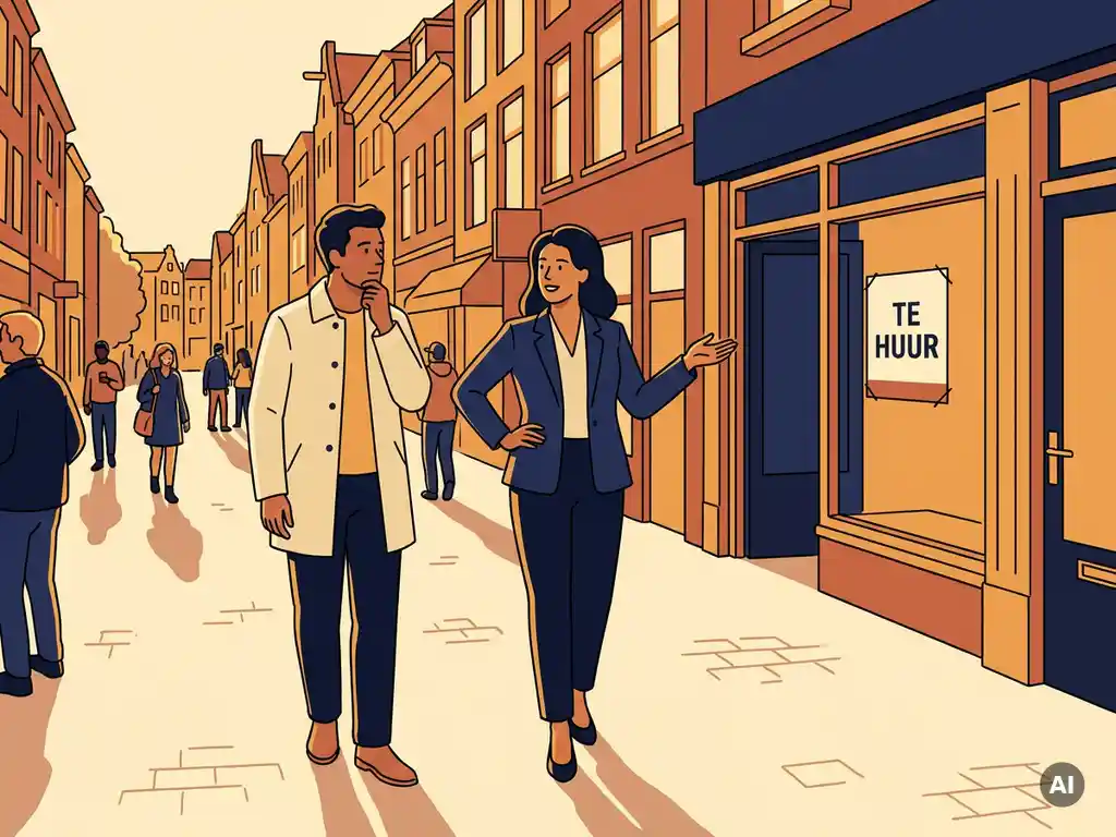 Retailmakelaar in blazer wijst boutique-eigenaar op leegstaand winkelpand met te huur-bord in zonnige Nederlandse winkelstraat.