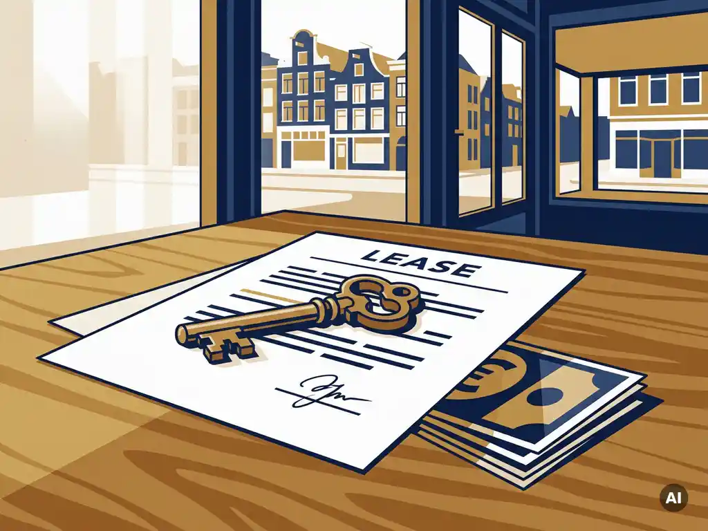 Gouden sleutel op ondertekend huurcontract met eurobiljetten op eikenhouten bureau in Nederlandse winkelruimte.
