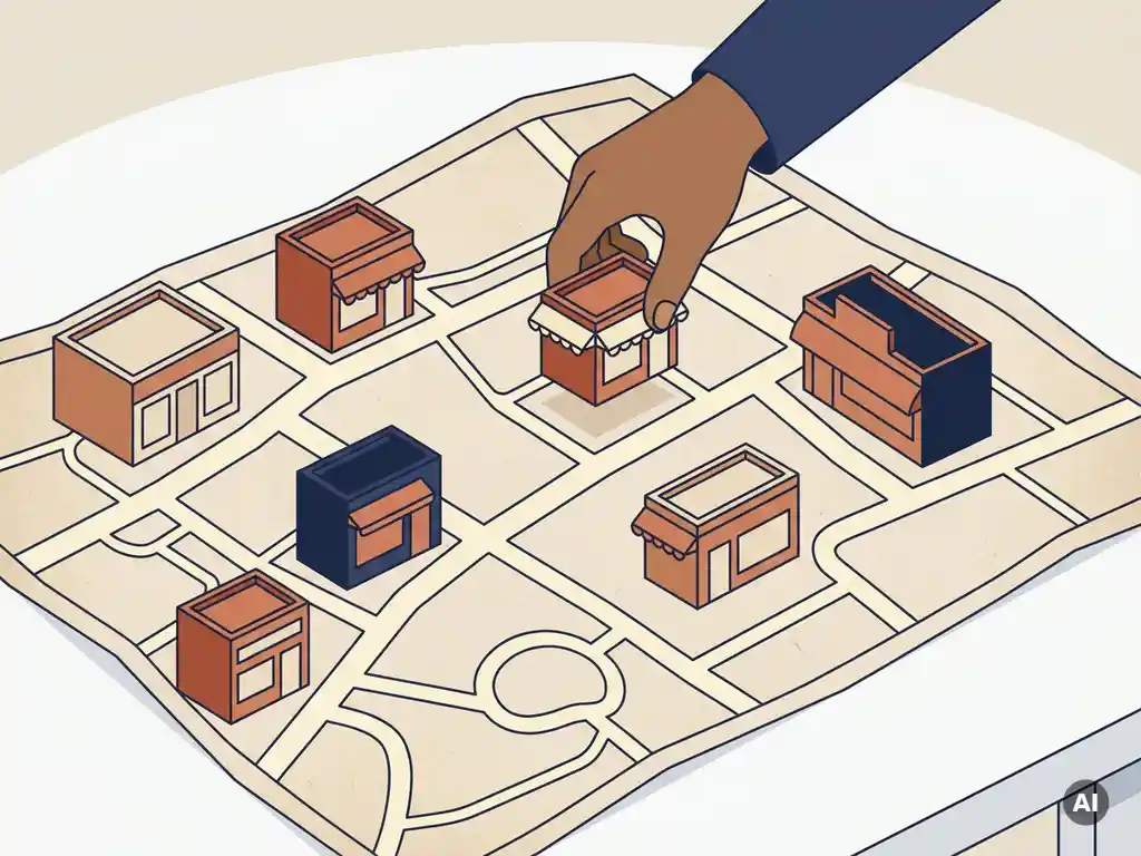 Hand die een miniatuurwinkel plaatst op een stadskaart met meerdere winkelpanden op strategische kruispunten.