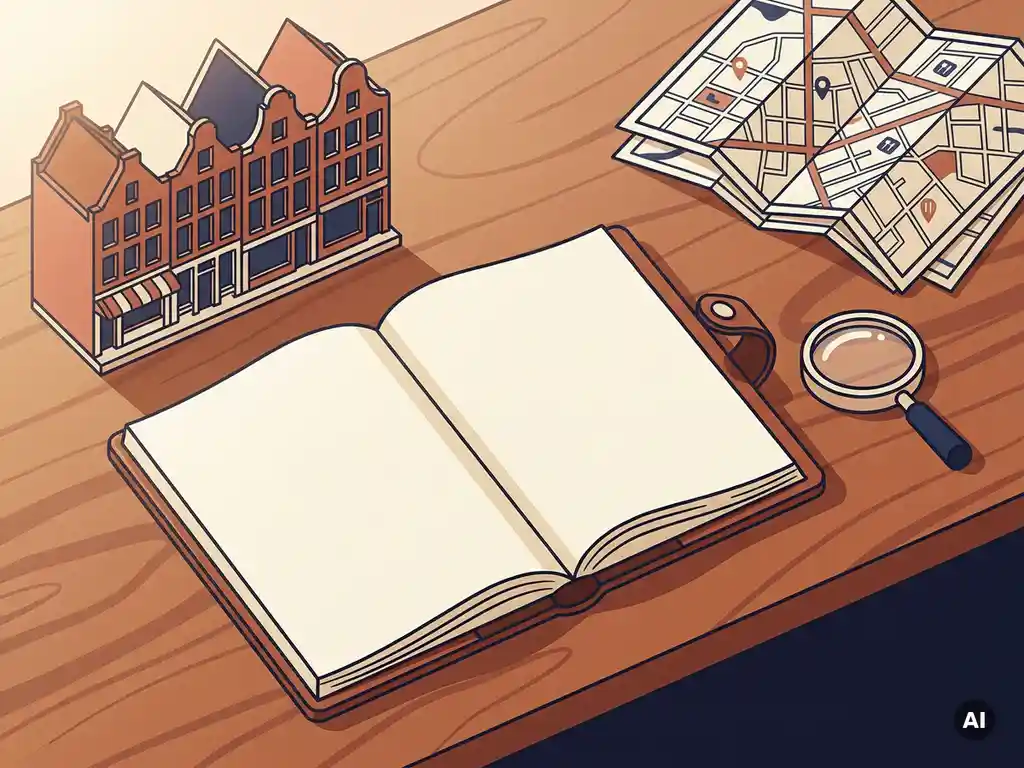 Opengeslagen leren notitieboek op gepolijst bureau met miniatuur winkelmodel, vergrootglas en straatkaarten van Nederlands winkelgebied.