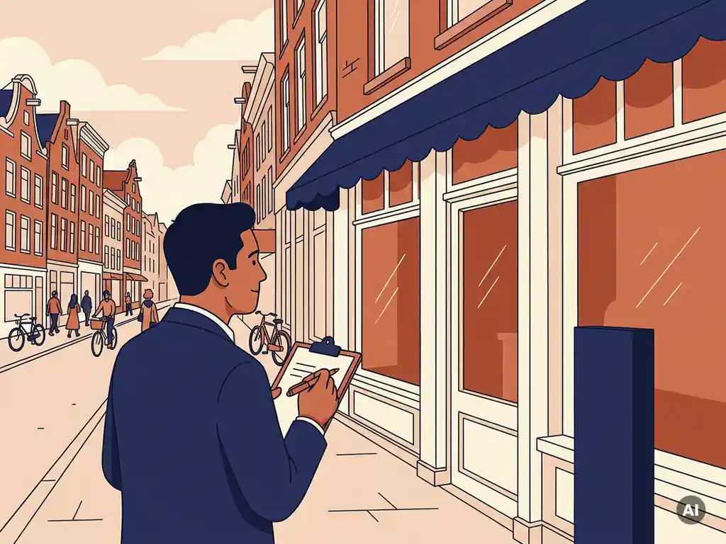 Taxateur met klembord inspecteert stijlvolle winkelgevel op drukke Nederlandse winkelstraat, vlakke vectorillustratie in terracotta en marineblauw.