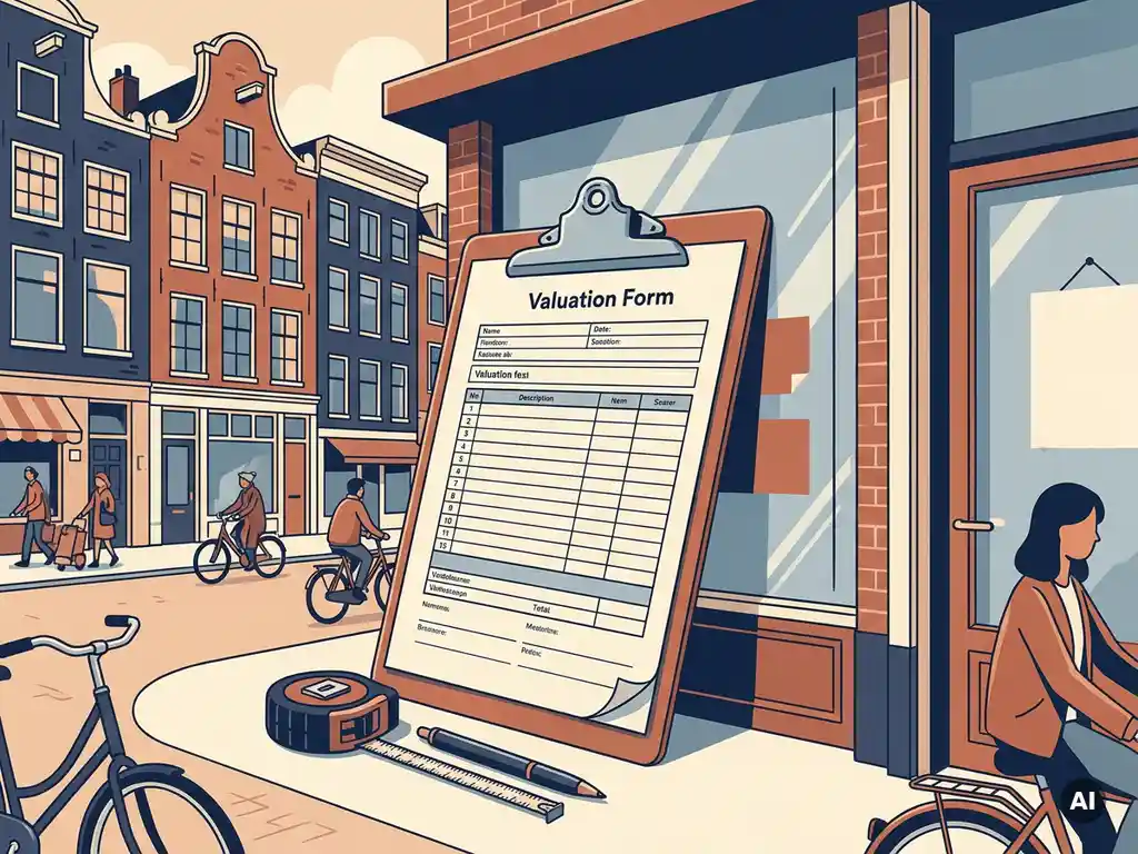 Taxateur houdt klembord met vastgoedwaardering voor etalage van winkelunit op Nederlandse winkelstraat.