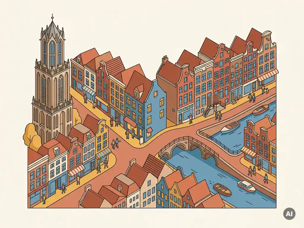 Utrecht's Dom Tower overlooking a bustling Dutch shopping street merging into Amsterdam canal-side storefronts with pedestrians browsing shop windows.