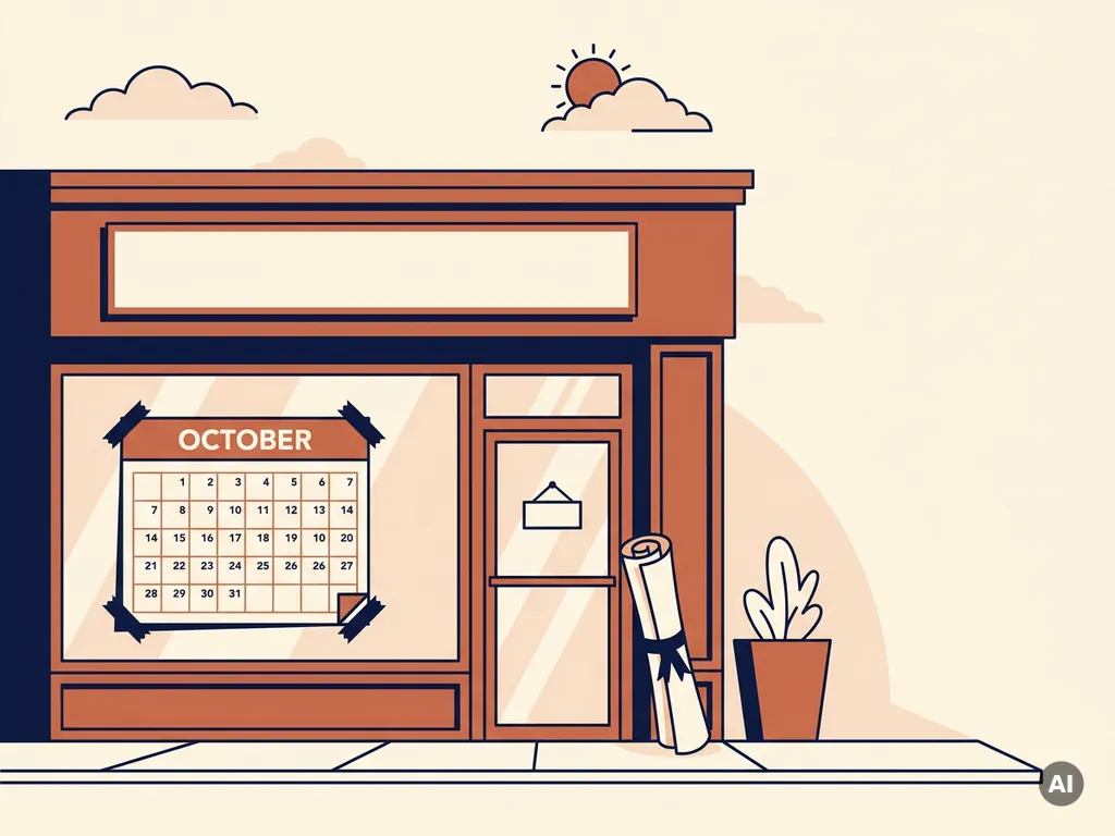 Terracotta winkelgevel met een kalender op het raam en opgerolde huurcontracten tegen de deurpost, vlakke vectorillustratie.