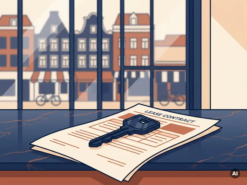 Winkelsleutel op een gevouwen huurcontract, met een wazige Nederlandse winkelstraat zichtbaar op de achtergrond.
