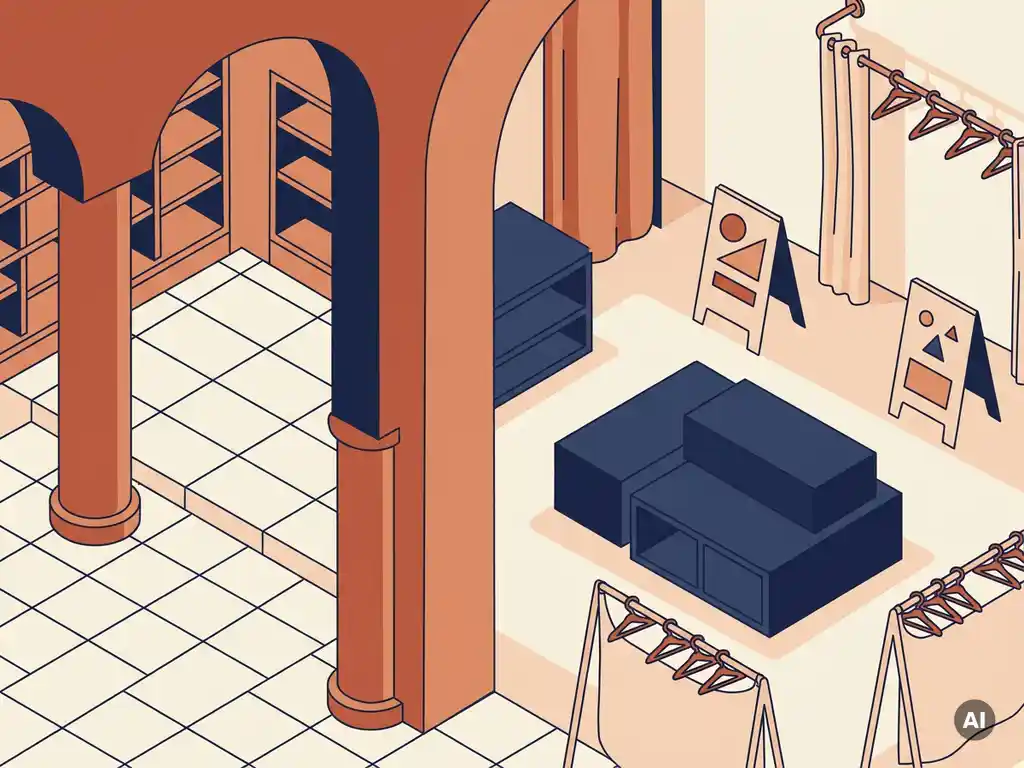 Retailinterieur met terracotta en marineblauw kleurenpalet, vaste architecturale elementen naast flexibele displayrekken, vlakke vectorillustratie.
