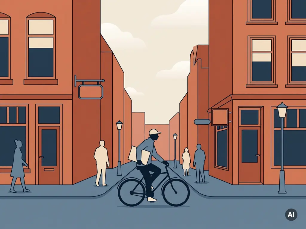 Bezorger fietst met pakketjes door een rustige Nederlandse winkelstraat met half-lege gevels en schaarse voetgangers.