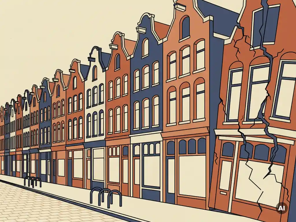 Rij identieke winkelpanden op een Nederlandse winkelstraat, waarbij het laatste pand scheef zakt op zijn fundament.