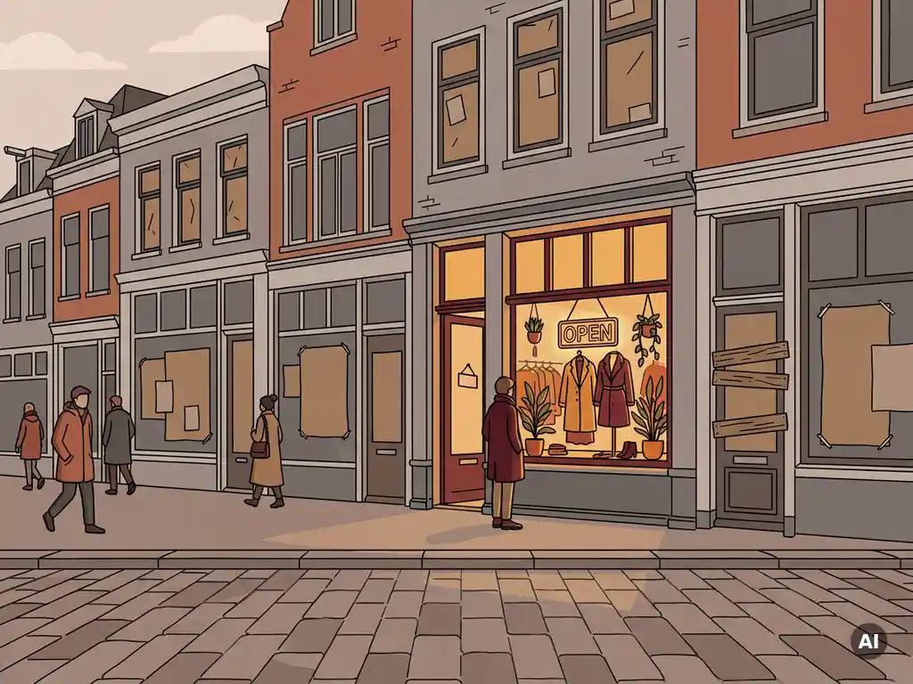 Verlaten winkelstraat met dichtgetimmerde panden en één open boetiek, kinderkopjes op de voorgrond, bewolkt daglicht.