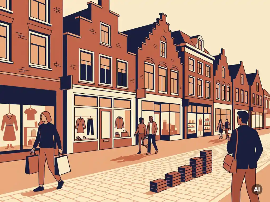 Drukke Nederlandse winkelstraat met etalages en winkelend publiek, opwaartse grafiek verwerkt in het straatplaveisel, gouden middaglicht.