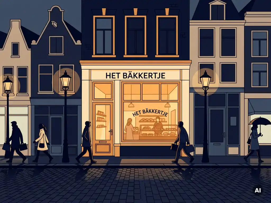 Drukke Nederlandse winkelstraat met één warm verlichte etalage tussen stillere, gedimde winkels en voorbijlopende silhouetten.